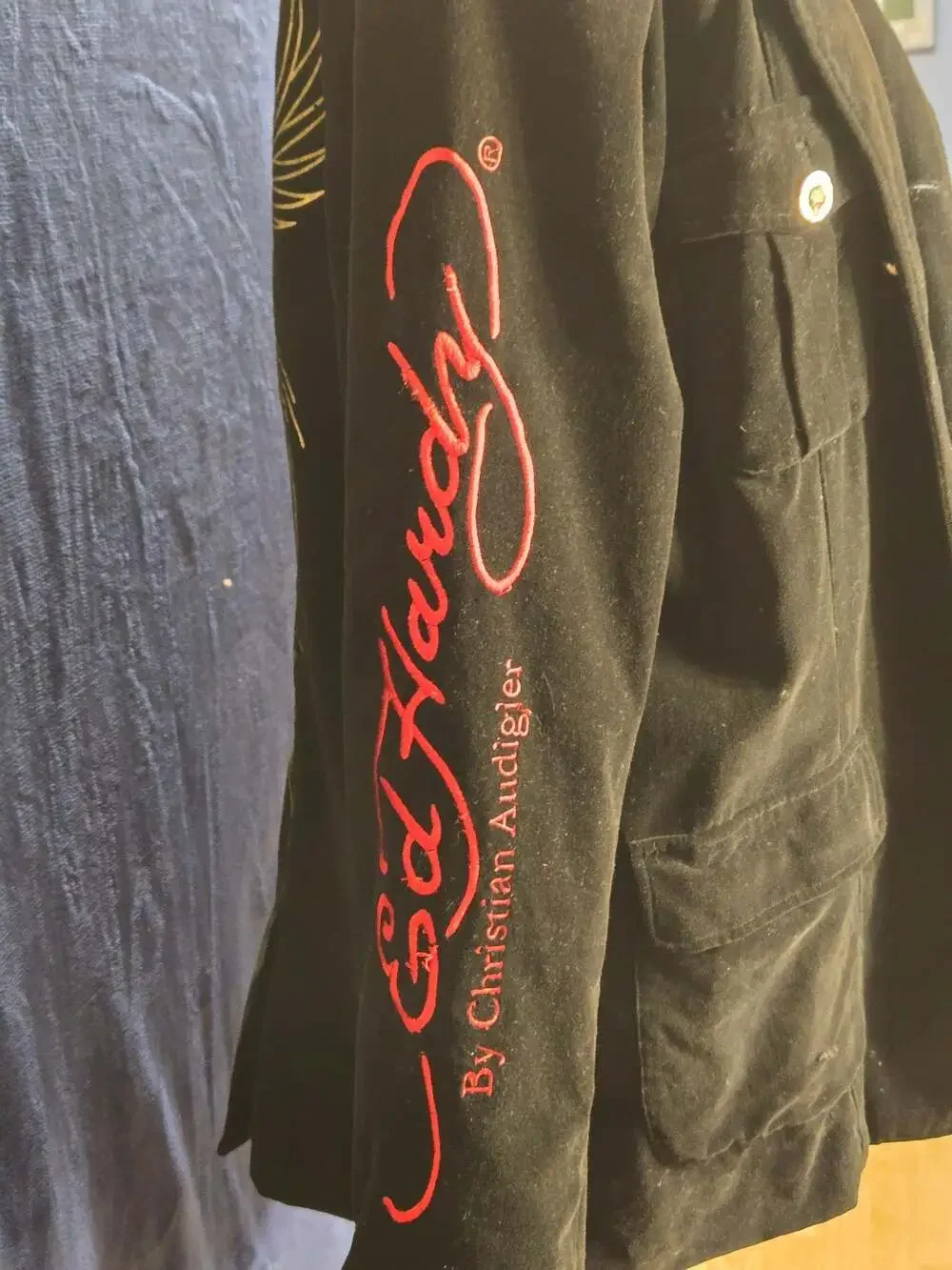 Ed Hardy By Christian Audigier Men's Embroidered Black Velvet Jacket